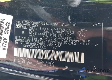 2012 Toyota Sienna Base 7 Passenger/Le 8 Passenger z USA, uszkodzony, nr VIN 5TDKA3DC7CS013826